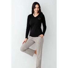 Pierre Cardin 9101 Kadın Uzun Kollu V Yaka Pijama Takımı-Siyah