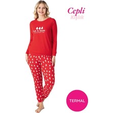 Bie's Kadın Kırmızı Bisiklet Yaka Düğmesiz Kışlık Termal Bilek Manşetli Jogger Uzun Kol Cepli Pijama Takım