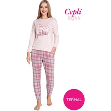Bie's Kadın Pembe Bisiklet Yaka Düğmesiz Kışlık Termal Bilek Manşetli Jogger Uzun Kol Cepli Pijama Takımı