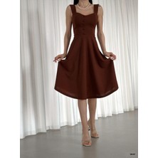 Moda Feminen Askılı Kalp Yaka Midi Boy Krep Kumaş Abiye Elbise 582187 Kahvereng