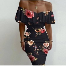 Hanzone Kadın Madonna Yaka Çiçek Baskılı Volan Detay Kalem Elbise