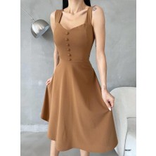Moda Feminen Askılı Kalp Yaka Midi Boy Krep Kumaş Abiye Elbise 582187 Vizon