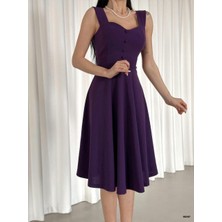 Moda Feminen Askılı Kalp Yaka Midi Boy Krep Kumaş Abiye Elbise 582187 Mor