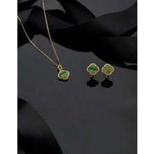 925 Ayar Yeşil Kaplangözü Taşlı Gold Yonca Kolye Küpe 2'li Gümüş Set-Takım (Ayarlanabilir)