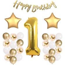 Gold Konsept 1 Yaş Doğum Günü Kutlama Seti; Beyaz Gold Konfetili Balon, Rakam