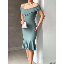 Moda Feminen Ithal Krep Kumaş Madonna Yaka Volanlı Mint Elbise 581344