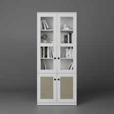 Lisa Kumaş Desenli 4 Kapaklı Beyaz Vitrin - Kitaplık ve Çok Amaçlı Dolap