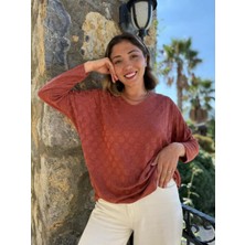 NC20662 Italyan Kendinden Desenli V Yaka Triko Bluz Kiremit