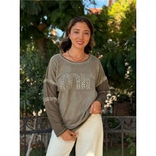 NC53659C Italyan Mın Taşlı Coton Sweatshirt Vizon