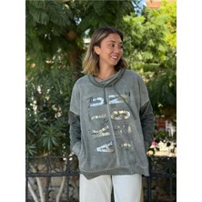 NC53050D Italyan Yazı Baskılı Cepli Kapüşonlu Coton Sweatshirt Haki