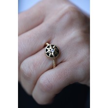 14 Ayar Altın Siyah Mineli Ortası Taşlı Güneş Yüzük