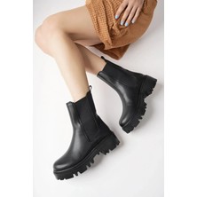 Kadın Bot - Kalın Taban Yanları Lastikli Suya Dayanıklı Rahat Giyim Kadın Bot Siyah
