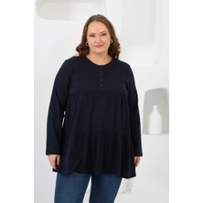 Düğme Detaylı Fırfırlı Büyük Beden Tunik Lacivert
