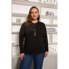 Büyük Beden File ve Kolye Detay Bluz Siyah