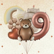 7 Adet Kahverengi Ayı Papatya Kek Gökkuşağı Doğum Günü Yaş Balon Set