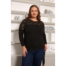 Büyük Beden Kordone Dantel Garnili Bluz Siyah