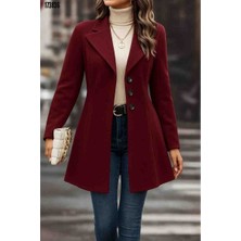 Kadın Uzun Kollu Yakalı Önden Düğmeli Kısa Kaşe Kaban, Kırmızı Gül Figürlü Kolye Hediye