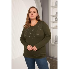 Büyük Beden Önü Taş Detay Bluz Haki