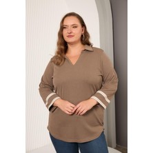 Büyük Beden Kol Nakış Detay Örme Bluz Vizon