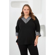 Gömlek Garnili Büyük Beden Bluz Siyah
