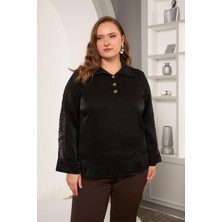 Büyük Beden Pul Payet Detay Saten Bluz Siyah