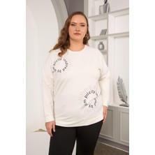 Taş ve Nakışlı Büyük Beden Sweatshirt Beyaz