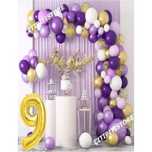 8-9 Yaş Macaron Mor Balon Zinciri Seti Gölge Mor Altın Balon Dekorasyon