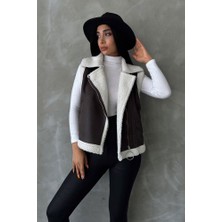 Antrasit-Krem Süet Yakası Kürklü Premium Luxury Trend Özel Tasarım Kadın Yelek