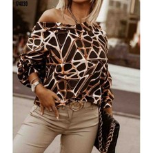 Kadın Uzun Kollu V Yaka Düşük Omuz Geometrik Desen Şardonlu Dalgıç Bluz, Kırmızı Gül Figürlü Kolye Hediye