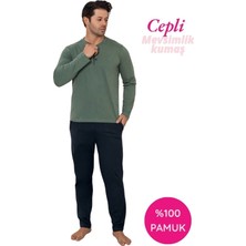 Erkek 3 Düğmeli %100 Pamuk Mevsimlik Uzun Kol Cepli Pijama Takımı