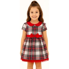 Kız Çocuk Ekose Desenli Fiyonklu Tüllü ( 2-6 ) Yaş Elbise