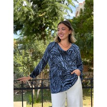 NC11285 Italyan V Yaka Zebra Desenli Triko Bluz Mavi