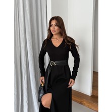 Buketli Kadın V Yaka Önden Yırtmaçlı Kemer Detaylı Penye Uzun Elbise