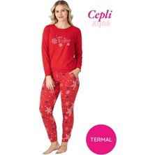 Bie's Kadın Kırmızı Bisiklet Yaka Düğmesiz Kışlık Termal Bilek Manşetli Jogger Uzun Kol Cepli Pijama Takımı