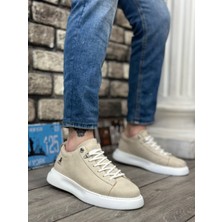 ET0331 Bağcıklı Erkek Yüksek Taban Krem Süet Beyaz Taban Spor Ayakkabı