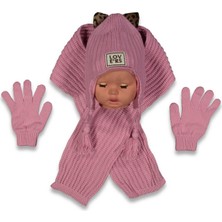 Lovers Nakışlı Içi Polarlı Kulakları Kapatan Bere Atki Eldiven Set Kız Çocuk Set 4-8 Yaş