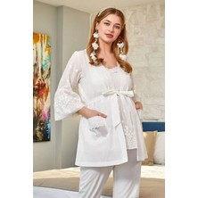 Cossy By Aqua 26331 Hamile Lohusa Fistolu Ip Askılı Sabahlıklı Pijama Takımı-Krem