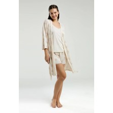 Pierre Cardin 9008 Kadın Sabahlıklı Ip Askılı Şortlu Pijama Takım-Krem