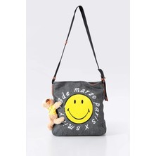 Ççs Kadın Kot Kumaş Emoji Baskılı Ayıcık Aksesuar Detaylı Fermuar Kapammalı Omuz Çantası