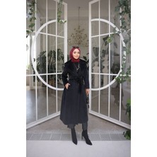 Ferhan Kadın Büyük Beden Ceket Yaka  Astarlı Kemerli Fok Kaban