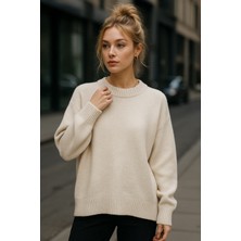 Kadın Bej Oversize Bisiklet Yaka Triko Kazak