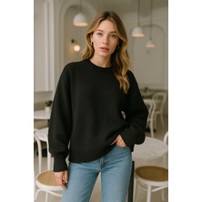 Kadın Siyah Oversize Bisiklet Yaka Triko Kazak