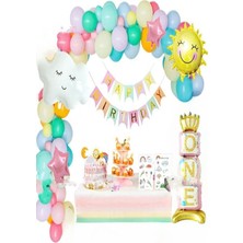 Doğum Günü Ayaklı One Pembe Folyolu, Güneş Bulutları Gökkuşağı Balon Parti Seti