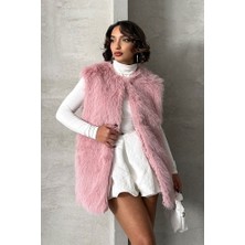 Pudra Tüylü Uzun Kürk Şık Premium Luxury Trend Özel Tasarım Kadın Yelek