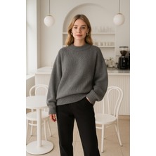 Kadın Antrasit Oversize Bisiklet Yaka Triko Kazak