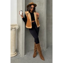 Sütlü Kahve-Krem Süet Yakası Kürklü Premium Luxury Trend Özel Tasarım Kadın Yelek