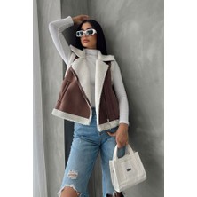 Taba-Krem Süet Yakası Kürklü Premium Luxury Trend Özel Tasarım Kadın Yelek