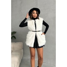 Beyaz Tüylü Uzun Kürk Şık Premium Luxury Trend Özel Tasarım Kadın Yelek