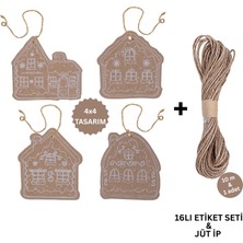 Yılbaşı, Gingerbread Ev Tasarımlı Hediye Etiket & 10M Jüt Ip SETI-16LI, Kraft Delikli Tebrik Kartı