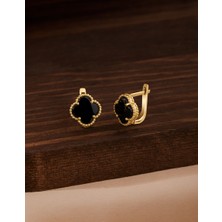 925 Ayar Oniks Taşlı Gold Yonca Gümüş Küpe